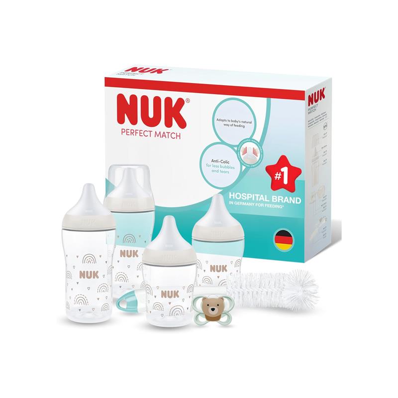 NUK Perfect Match Perfect Start Newborn Essentials Baby Bottles Set 4 x Anti-Colic Feeding Bottles (150ml, 260ml) 2 x Teats 1 x Air Dummy 1 x Bottle Brush 0-6 Months Neutral Main image