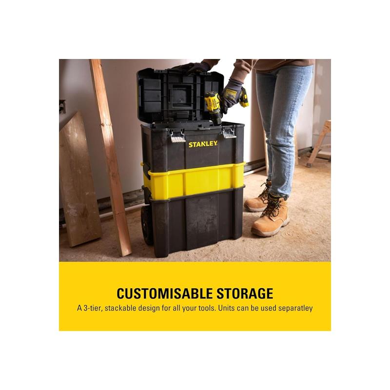 Stanley Essential Rolling Workshop Toolbox 3-In1 Stackable Units With Metal Latches Black And Yellow