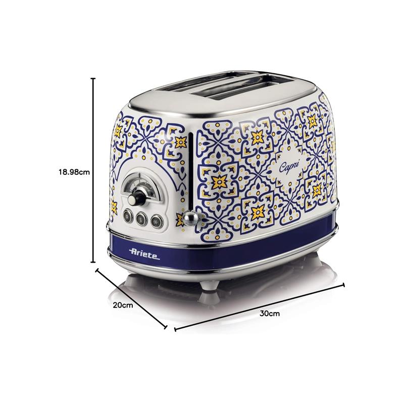 Ariete 2 Slice Toaster Wide Slots 6 Burning Levels Defrosting Heating Auto Eject Crumb Tray Stainless Steel 815W Capri