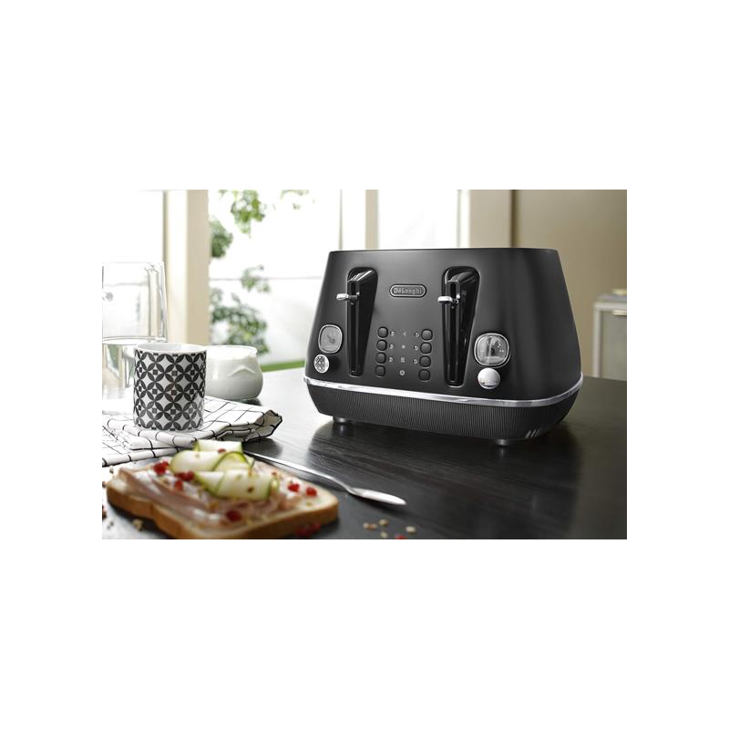 Delonghi Distinta X Moments 4 Slice Toaster 6 Browning Settings Reheat Defrost Cancel Functions Pull Crumb Tray 1800W Black