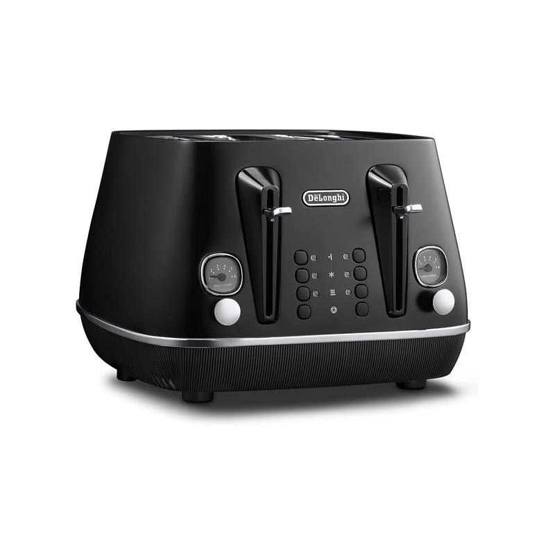 Delonghi Distinta X Moments 4 Slice Toaster 6 Browning Settings Reheat Defrost Cancel Functions Pull Crumb Tray 1800W Black