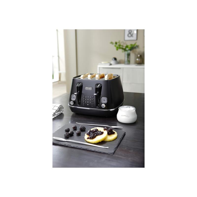 Delonghi Distinta X Moments 4 Slice Toaster 6 Browning Settings Reheat Defrost Cancel Functions Pull Crumb Tray 1800W Black