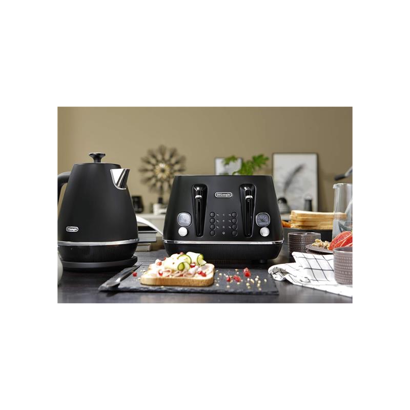 Delonghi Distinta X Moments 4 Slice Toaster 6 Browning Settings Reheat Defrost Cancel Functions Pull Crumb Tray 1800W Black