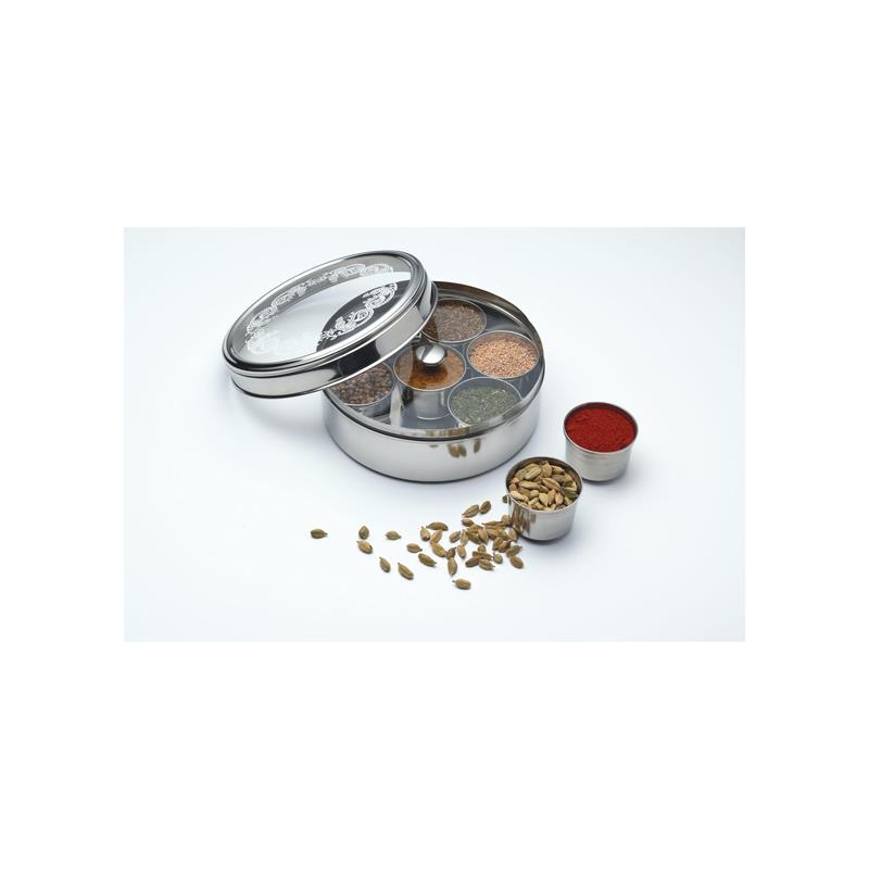 KitchenCraft World of Flavours Indian Spice Box For Masala Dabba 7 Spice Pots Large Spice Cover Lid Stainless Steel Silver