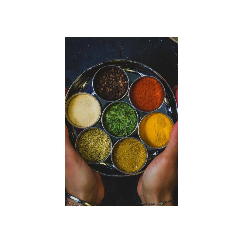 KitchenCraft World of Flavours Indian Spice Box For Masala Dabba 7 Spice Pots Large Spice Cover Lid Stainless Steel Silver