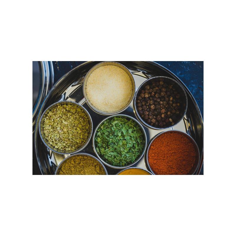 KitchenCraft World of Flavours Indian Spice Box For Masala Dabba 7 Spice Pots Large Spice Cover Lid Stainless Steel Silver