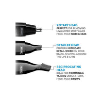 Wahl 3 In 1 Personal Trimmer Ear Nose Eyebrow Facial Hair Trimmer Rechargeable Washable Heads Black