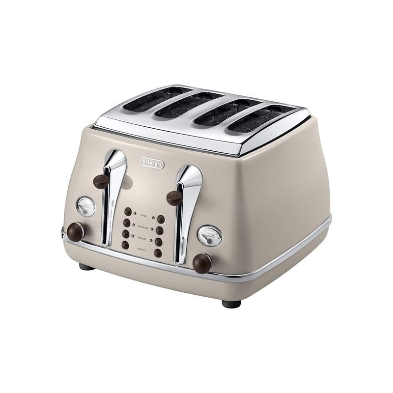 Delonghi Icona Vintage 4 Slice Toaster Variable Browning Control Reheat Defrost Bagel Cancel Buttons 1800W Beige Main image
