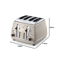Delonghi Icona Vintage 4 Slice Toaster Variable Browning Control Reheat Defrost Bagel Cancel Buttons 1800W Beige