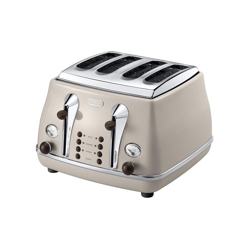 Delonghi Icona Vintage 4 Slice Toaster Variable Browning Control Reheat Defrost Bagel Cancel Buttons 1800W Beige