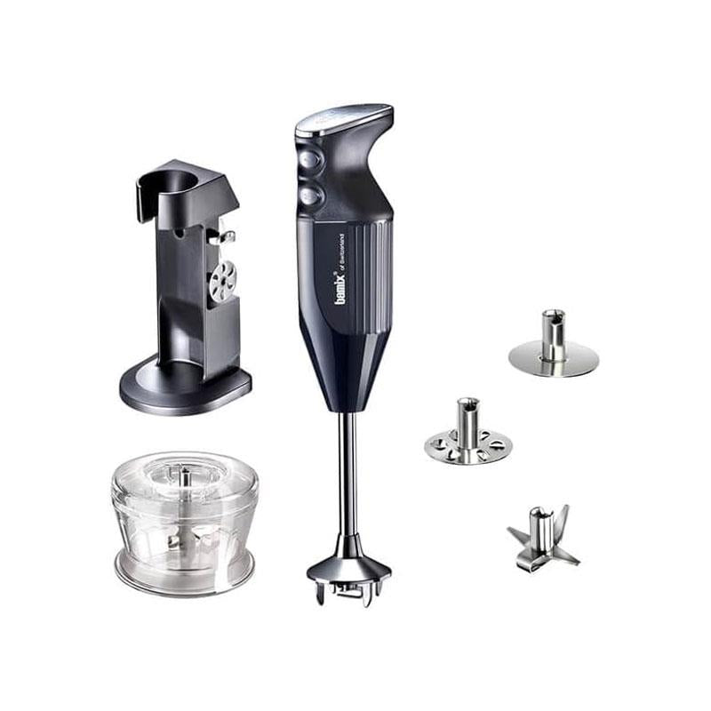 Bamix Deluxe Hand Held Stick Blender Food Processsor Multi-Purpose 2 Speeds 3 Stainless Steel Blades Grinder And Stand 200W Black Main image