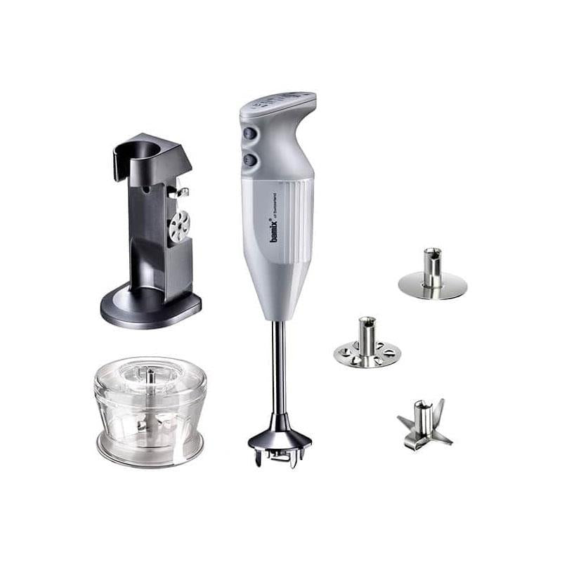 Bamix Deluxe Hand Held Stick Blender Food Processsor Multi-Purpose 2 Speeds 3 Stainless Steel Blades Grinder And Stand 200W White Main image
