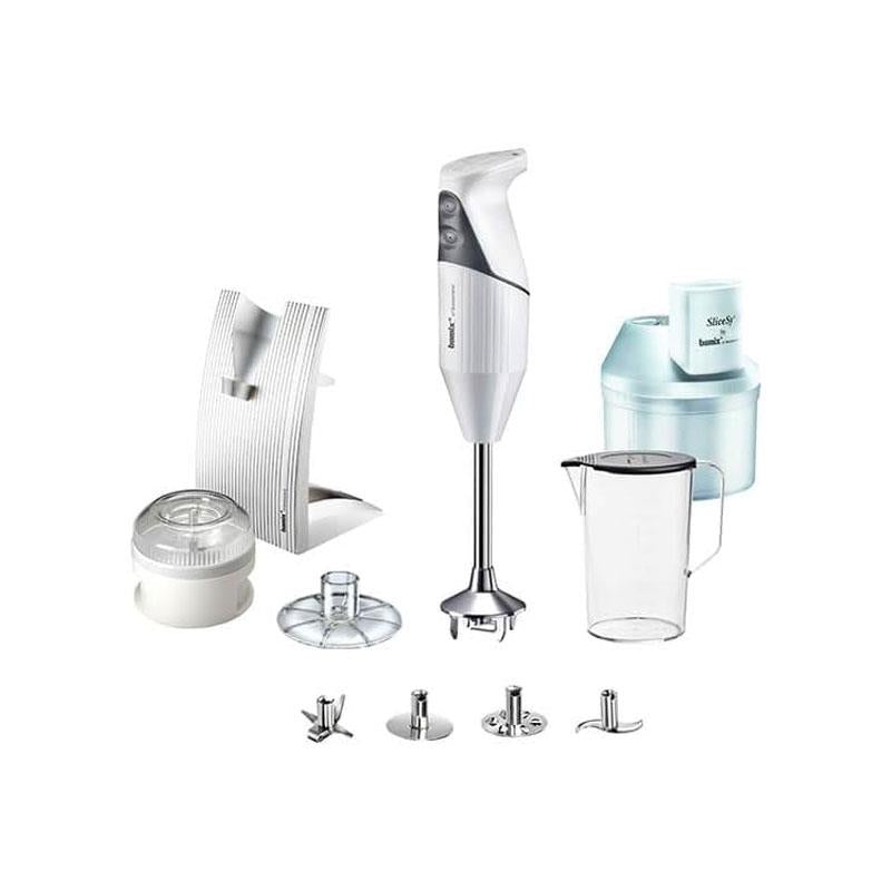 Bamix Superbox Hand Held Stick Blender Food Processsor Multi-Purpose 2 Speeds 5 Stainless Steel Blades Processor Powder Disc 1000ml Jug With Lid SliceSy And Stand 200W White Main image