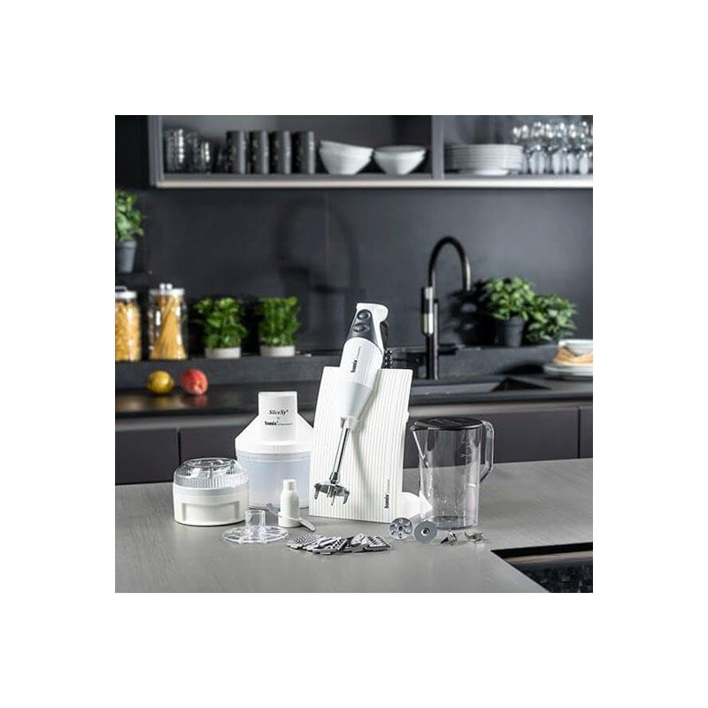 Bamix Superbox Hand Held Stick Blender Food Processsor Multi-Purpose 2 Speeds 5 Stainless Steel Blades Processor Powder Disc 1000ml Jug With Lid SliceSy And Stand 200W White Secondary image