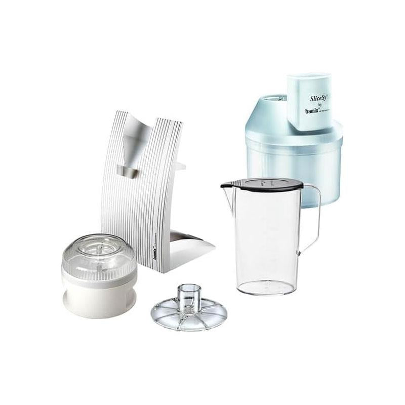 Bamix Superbox Hand Held Stick Blender Food Processsor Multi-Purpose 2 Speeds 5 Stainless Steel Blades Processor Powder Disc 1000ml Jug With Lid SliceSy And Stand 200W White