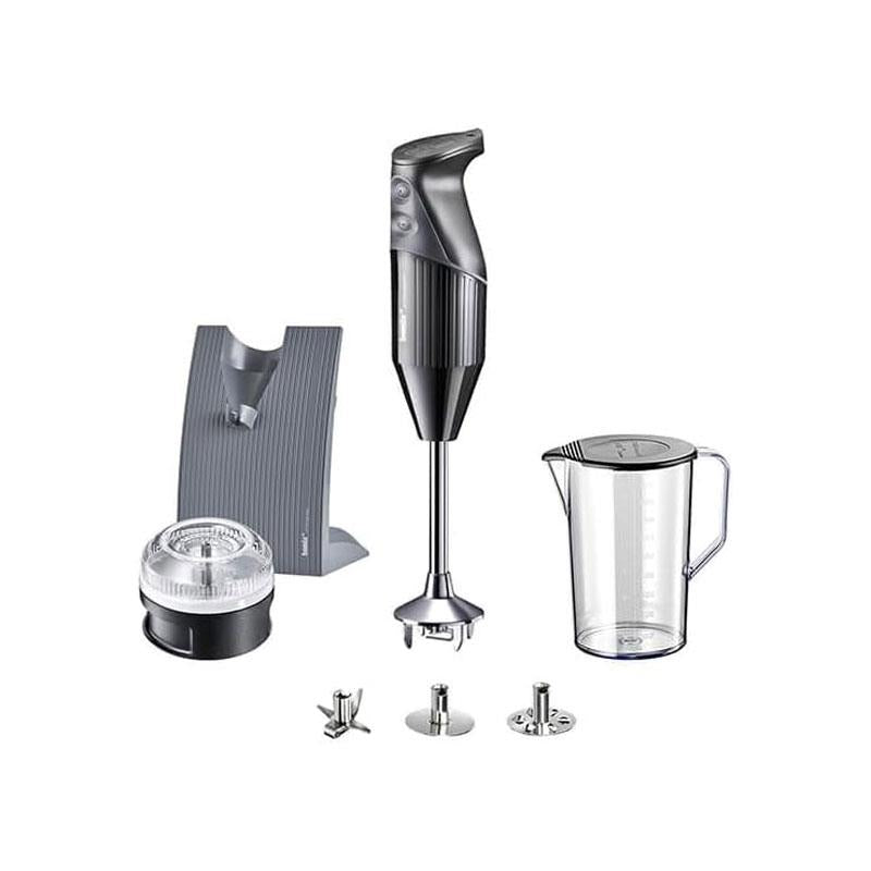Bamix SwissLine Hand Held Stick Blender Food Processsor Multi-Purpose 2 Speeds 3 Stainless Steel Blades Processor 1000ml Jug With Lid And Stand 200W Black Main image