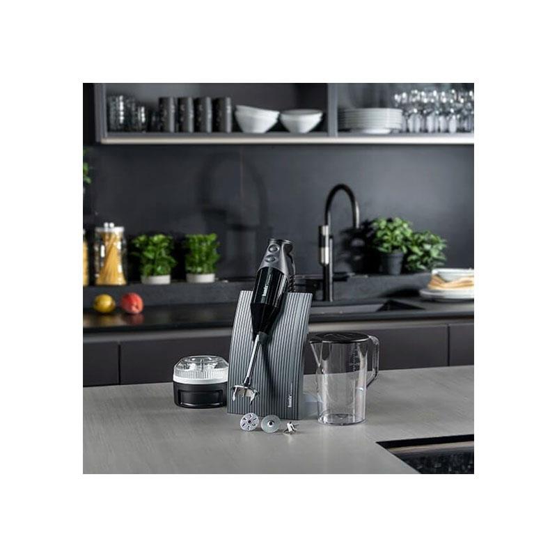Bamix SwissLine Hand Held Stick Blender Food Processsor Multi-Purpose 2 Speeds 3 Stainless Steel Blades Processor 1000ml Jug With Lid And Stand 200W Black