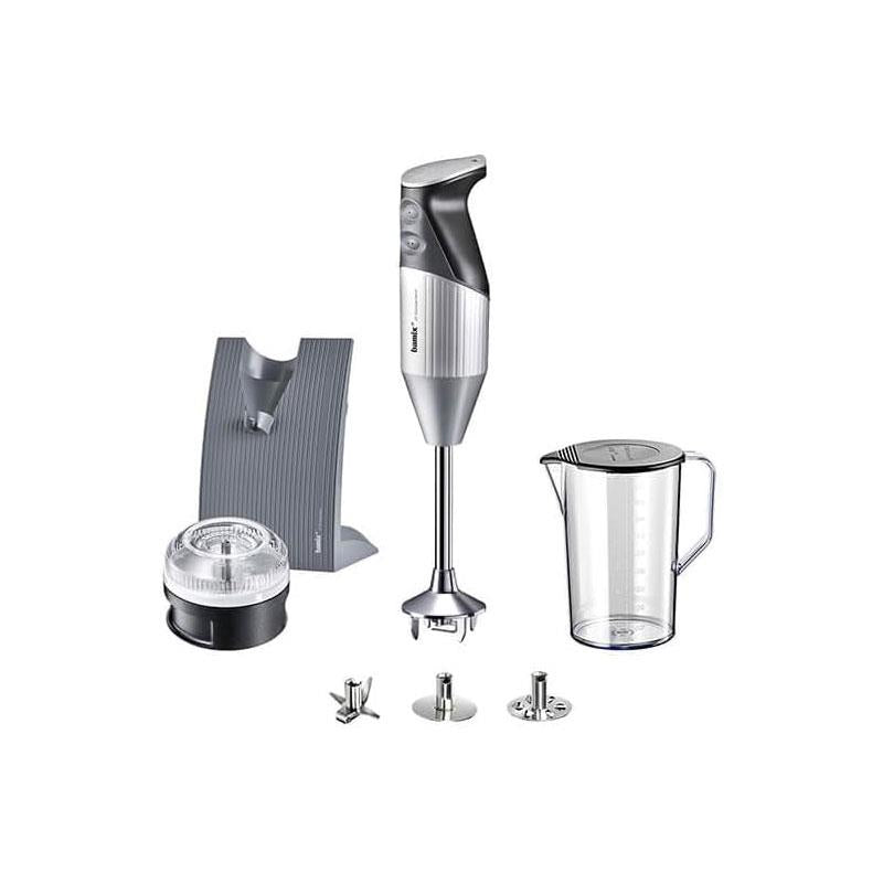 Bamix SwissLine Hand Held Stick Blender Food Processsor Multi-Purpose 2 Speeds 3 Stainless Steel Blades Processor 1000ml Jug With Lid And Stand 200W Silver Main image
