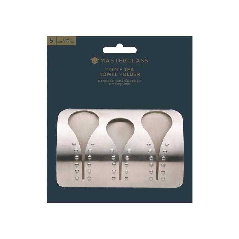 MasterClass Professional Triple Towel Holder Kitchen Roll Holder Stainless Steel Adhesive Mounting Silver