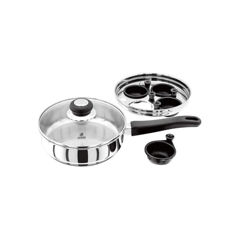 Judge Vista 4 Cup Egg Poacher 20cm Non-Stick Stainless Steel Frying Pan Vented Glass Lid Stay-Cool Handle Silver