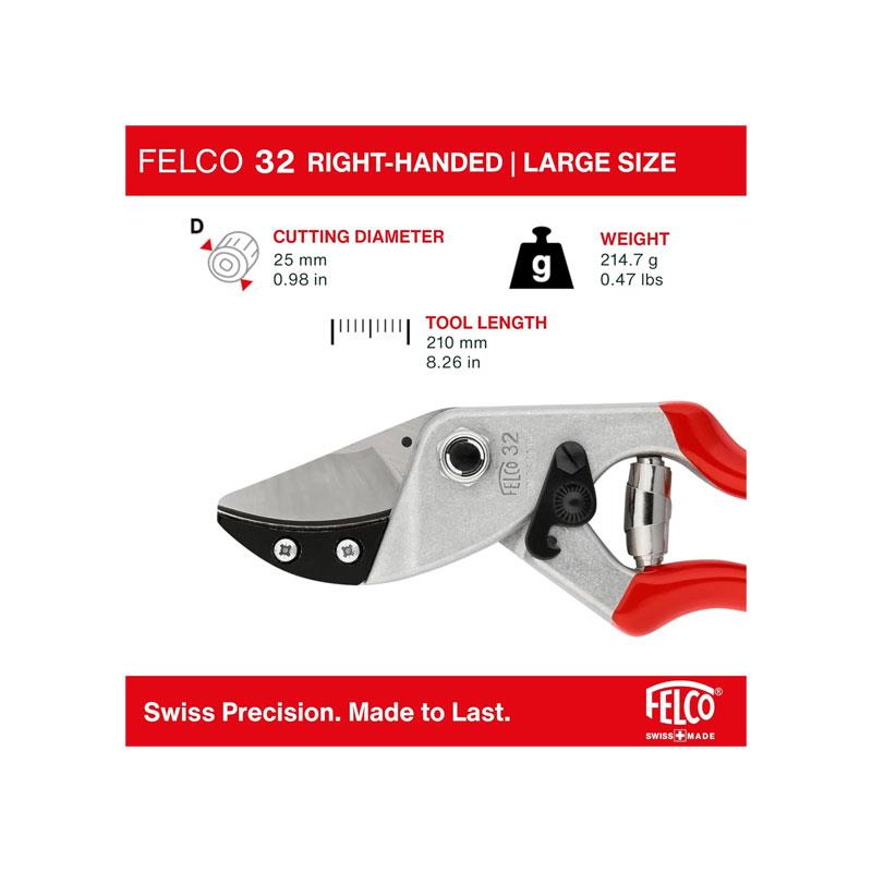 Felco Model 32 Anvil Pruning Secateurs Curved Blade Silver/Red