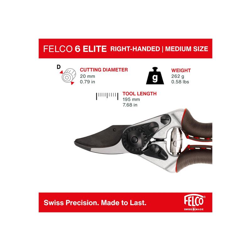 Felco Model 6 Elite Secateurs Right Handed 20mm Cut Pruning Fruit Trees Nurseries Forestry Carbon Steel Blade Black/Red