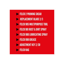 Felco Model 933 Model 2 Secateurs Service And Maintenance Box Spare Blade 2/3 Lubricating Spray Sap Remover Grease Sharperner Adjustment Key 2/30 Cleaning Towel