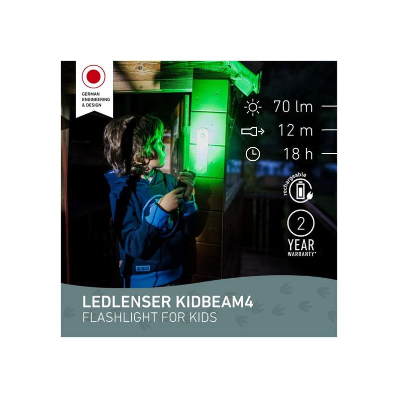Ledlenser KIDBEAM4 Kids Torch 4 Colour LED AAA Battery Dinosaur Torch Pocket Clip Auto Shut-Off Fireman Gift For Children Green
