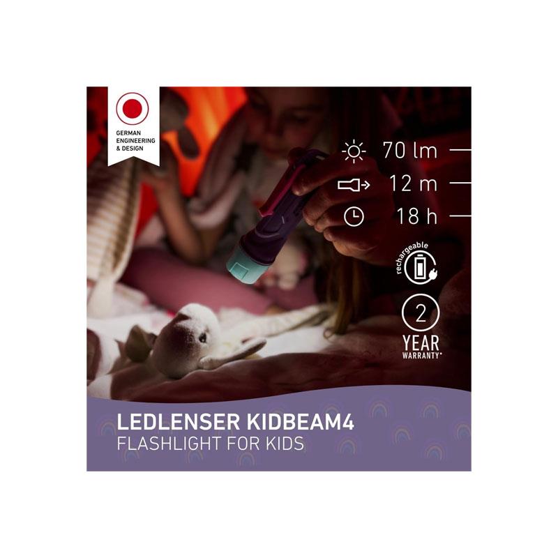 Ledlenser KIDBEAM4 Kids Torch 4 Colour LED AAA Battery Dinosaur Torch Pocket Clip Auto Shut-Off Fireman Gift For Children Purple