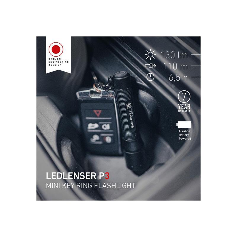 Ledlenser P3 LED Small Torch 130lm 110m Adjustable Focus IP54 Water Resistant 6.5 Hour Battery 1 AAA Battery Powered Keyring Flashlight Black