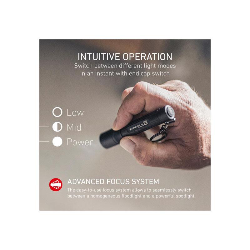 Ledlenser P3 LED Small Torch 130lm 110m Adjustable Focus IP54 Water Resistant 6.5 Hour Battery 1 AAA Battery Powered Keyring Flashlight Black