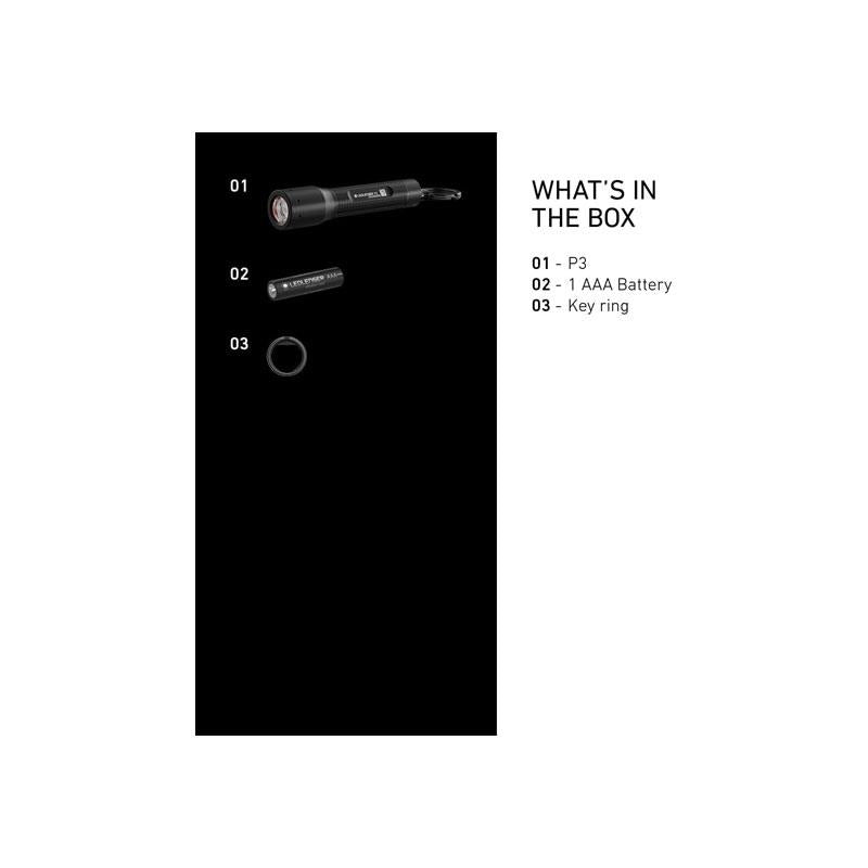 Ledlenser P3 LED Small Torch 130lm 110m Adjustable Focus IP54 Water Resistant 6.5 Hour Battery 1 AAA Battery Powered Keyring Flashlight Black