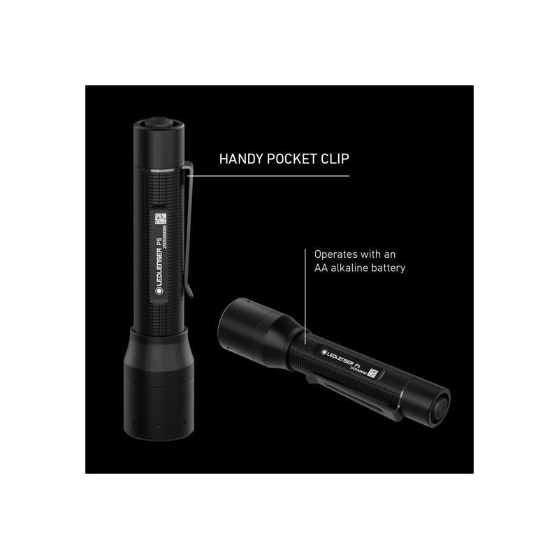 Ledlenser P5 LED Torch Pocket Size 200lm 170m Adjustable Focus 8 Hour Battery IP54 Water Resistant 1 AA Battery Powered Flashlight Black