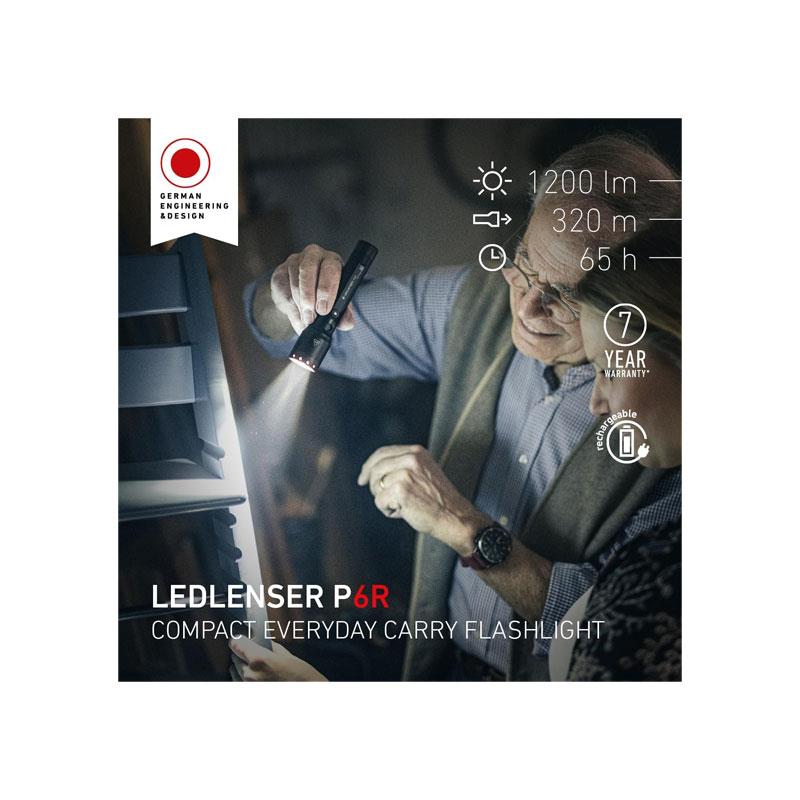 Ledlenser P6R LED Rechargeable Torch Super Bright 1200lm 320m Adjustable Focus 4 Modes Powerful 60 Hour Battery IP68 Waterproof Tactical Flashlight USB-C Black