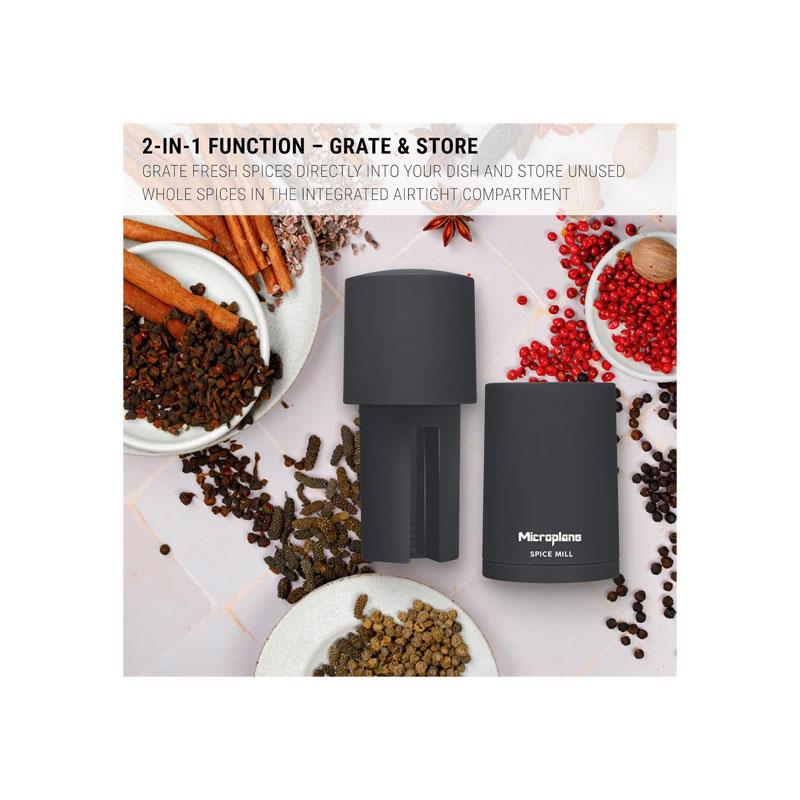 Microplane Spice Mill 2-In-1 Manual Spice Mill With Ultra-Sharp Stainless-Steel Blade Airtight Storage Afterdark Grey