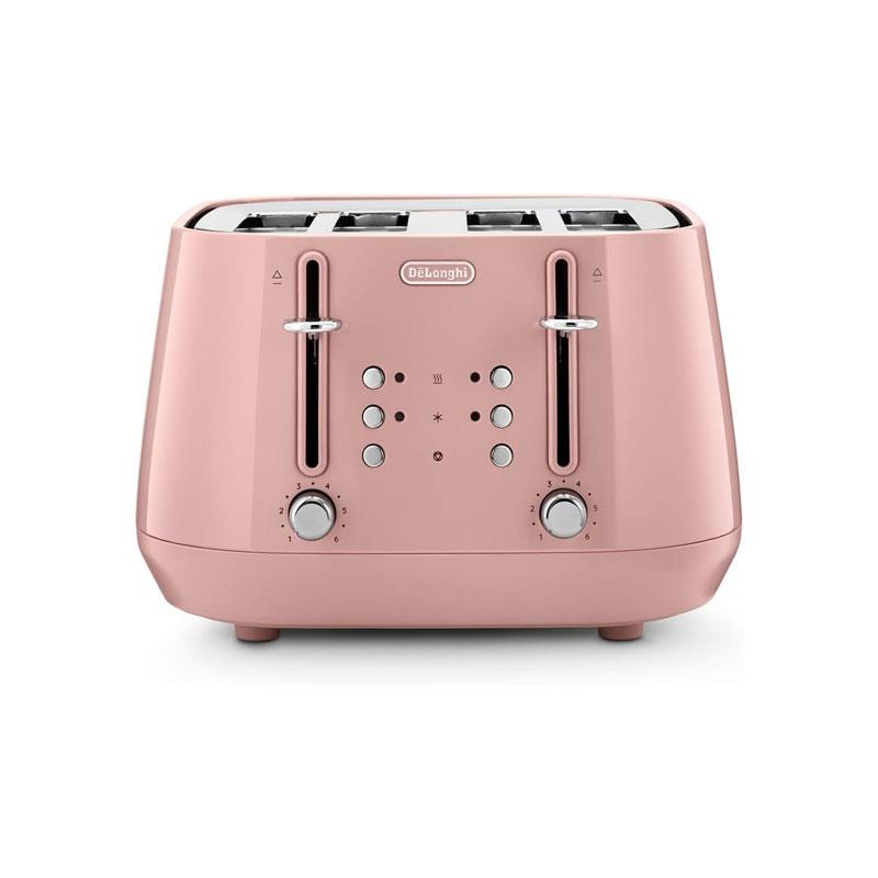 Delonghi Eclettica 4 Slice Toaster With Reheat And Defrost Functions Control Panels Browning Levels Pull Crumbs Trays Stainless Steel 1800W Playful Pink Main image