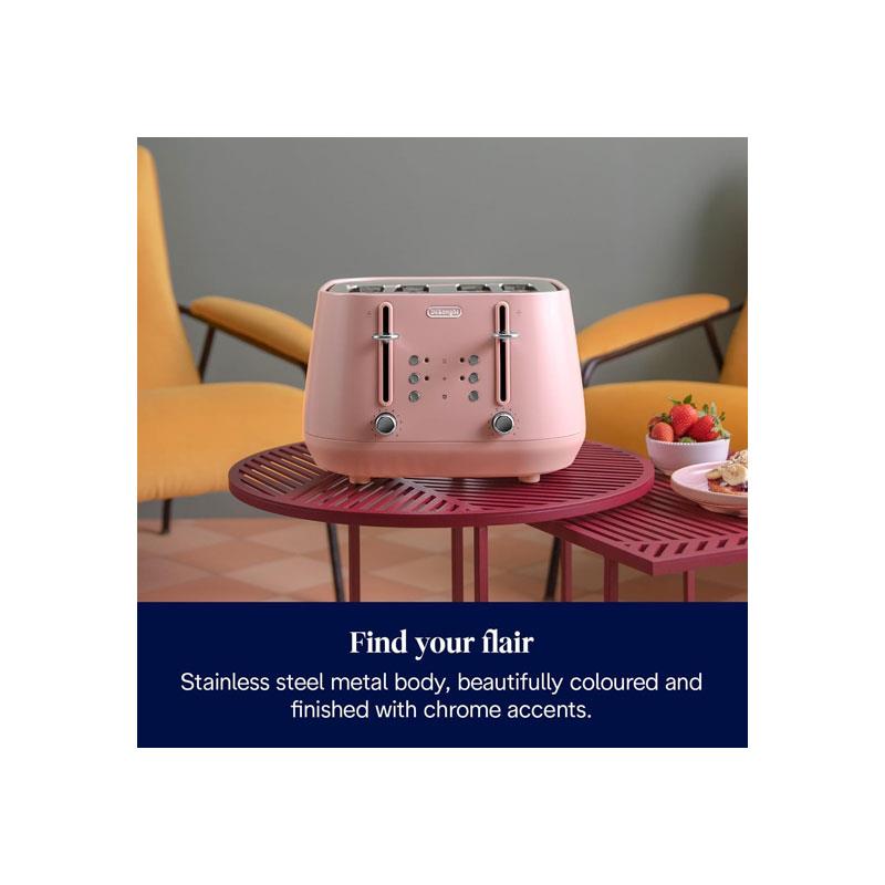Delonghi Eclettica 4 Slice Toaster With Reheat And Defrost Functions Control Panels Browning Levels Pull Crumbs Trays Stainless Steel 1800W Playful Pink Secondary image