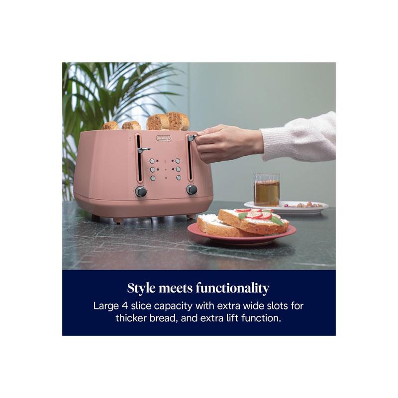 Delonghi Eclettica 4 Slice Toaster With Reheat And Defrost Functions Control Panels Browning Levels Pull Crumbs Trays Stainless Steel 1800W Playful Pink