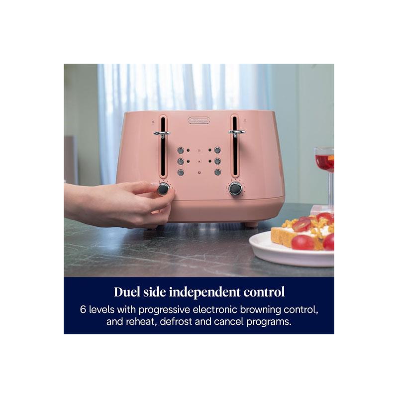 Delonghi Eclettica 4 Slice Toaster With Reheat And Defrost Functions Control Panels Browning Levels Pull Crumbs Trays Stainless Steel 1800W Playful Pink