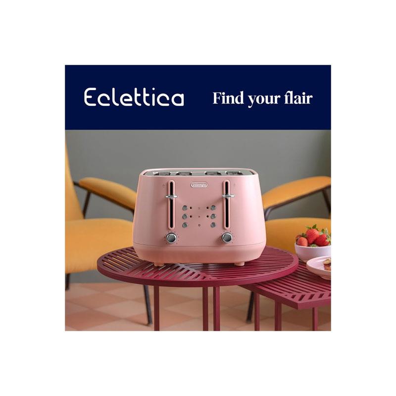 Delonghi Eclettica 4 Slice Toaster With Reheat And Defrost Functions Control Panels Browning Levels Pull Crumbs Trays Stainless Steel 1800W Playful Pink
