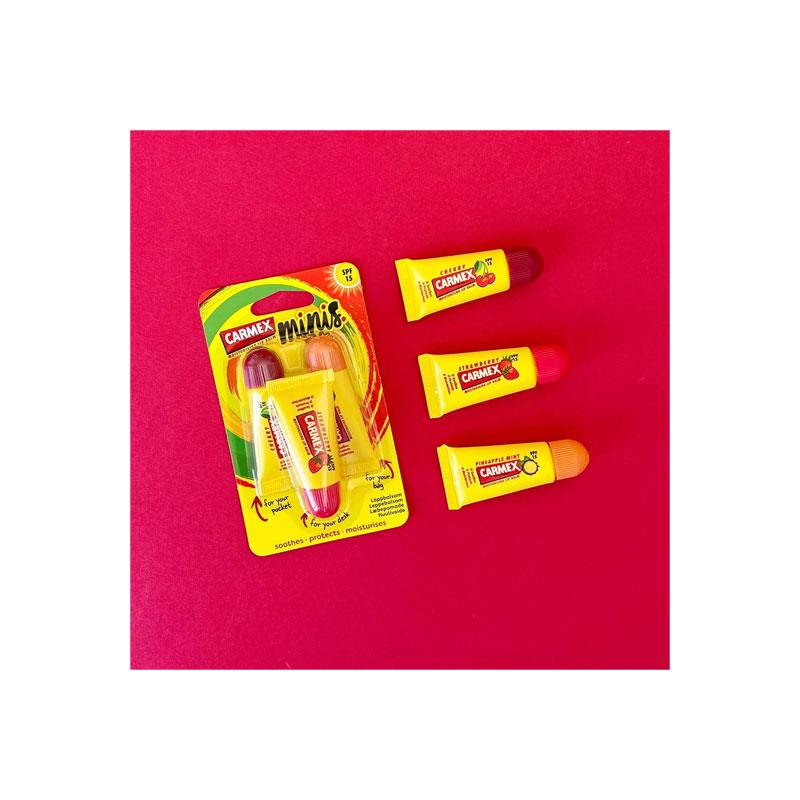 Carmex Minis Lip Balm Tube Set Cherry Strawberry And Pineapple Mint 3 Pack With SPF 15 For Sun Protection Hydrating Lip Care Tube