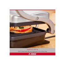 Judge Electricals Healthy Grill Panini Press Grill Sandwich Toaster Toastie Maker With Floating Hinges Non-Stick Griddle Plates Removable Drip Tray 1000W Silver