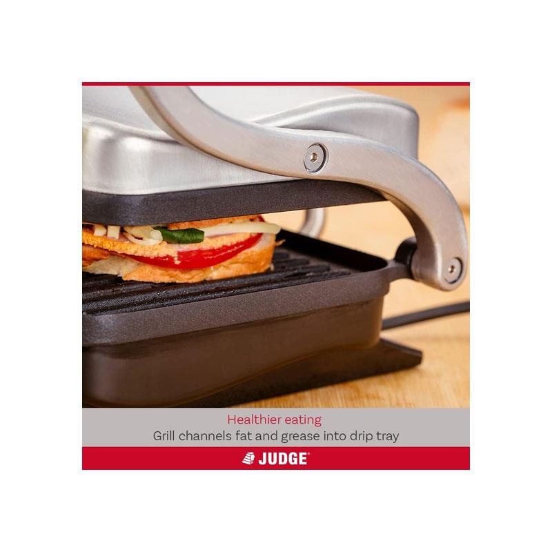 Judge Electricals Healthy Grill Panini Press Grill Sandwich Toaster Toastie Maker With Floating Hinges Non-Stick Griddle Plates Removable Drip Tray 1000W Silver