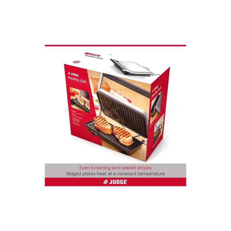 Judge Electricals Healthy Grill Panini Press Grill Sandwich Toaster Toastie Maker With Floating Hinges Non-Stick Griddle Plates Removable Drip Tray 1000W Silver