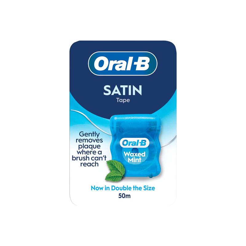Oral-B Satin Tape Floss Removes Plaque Waxed Dental Floss For Tight Spaces Fresh Clean Feeling Mint Flavour 50m Roll Main image