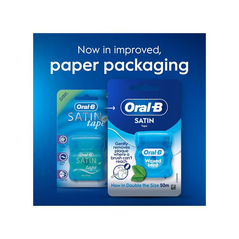 Oral-B Satin Tape Floss Removes Plaque Waxed Dental Floss For Tight Spaces Fresh Clean Feeling Mint Flavour 50m Roll