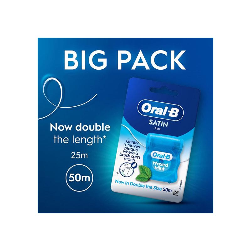 Oral-B Satin Tape Floss Removes Plaque Waxed Dental Floss For Tight Spaces Fresh Clean Feeling Mint Flavour 50m Roll