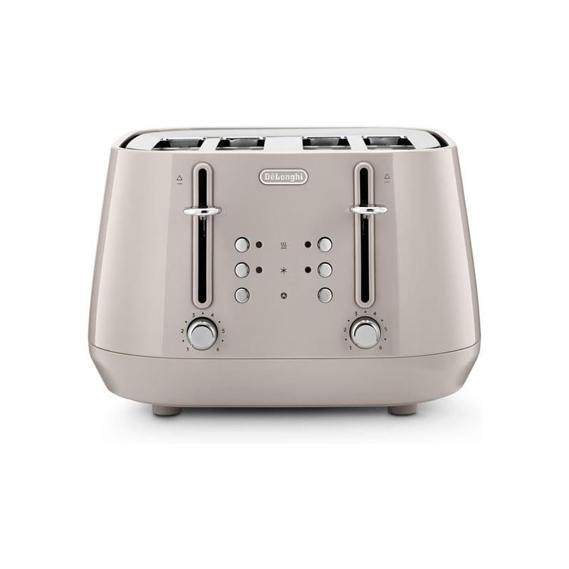 Delonghi Eclettica 4 Slice Toaster With Reheat And Defrost Functions Control Panels Browning Levels Pull Crumbs Trays Stainless Steel 1800W Biscuit Beige Main image