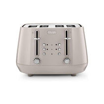 Delonghi Eclettica 4 Slice Toaster With Reheat And Defrost Functions Control Panels Browning Levels Pull Crumbs Trays Stainless Steel 1800W Biscuit Beige