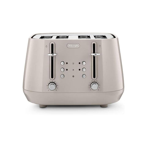 Delonghi Eclettica 4 Slice Toaster With Reheat And Defrost Functions Control Panels Browning Levels Pull Crumbs Trays Stainless Steel 1800W Biscuit Beige